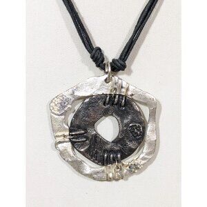 Unique Industrial Modernist Round Pendant Black Cord Necklace 18 in